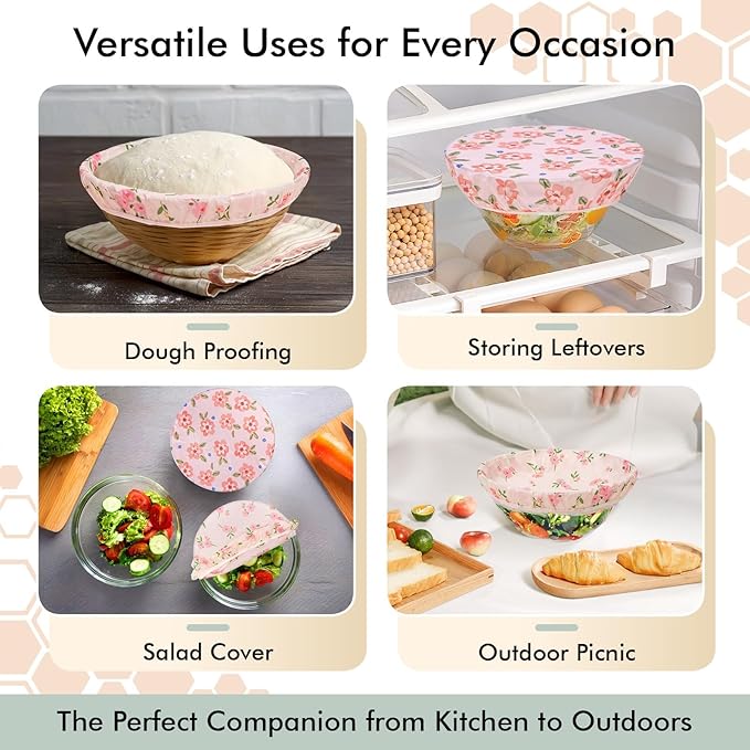 5 PCS Reusable Beeswax Bowl Covers (4"–12"), Breathable Elastic Cotton Bowl Covers for Sourdough Proofing, Dough Rising & Food Storage