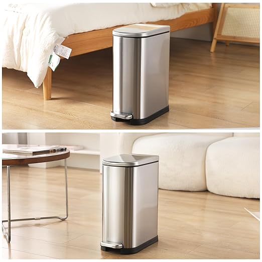 SYNCVIBE Bathroom Trash Can with Soft-Close Lid 3.5 Gallon Stainless Steel Garbage Can with Removable Inner Bucket Slim Trash Bins for Bedroom, Office (Silver)