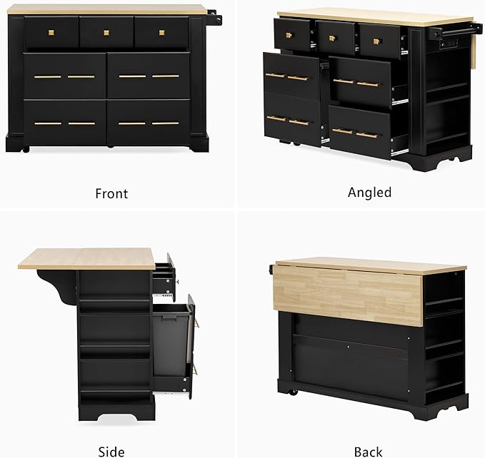 51.2" Kitchen Island with 6 Drawers, Pull Out Trash Can Storage, Rolling Kitchen Island on 5 Wheels with Drop Leaf, Power Outlet, 5 Open Side Racks for Kitchen, Dining Room, Black