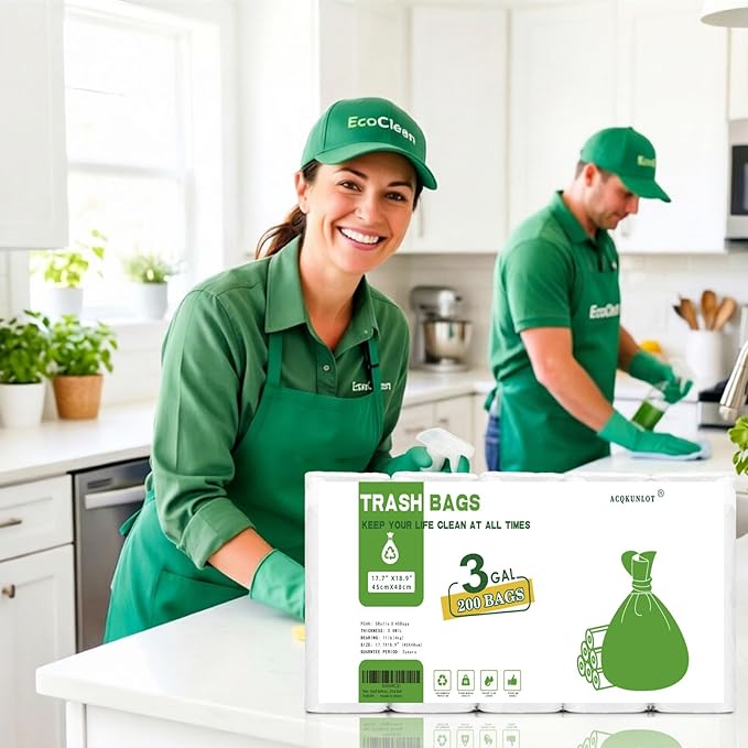 Small Bathroom Trash Bags 3 Gallon - White Mini Garbage Bags 200 Count Unscented Biodegradable Tiny Waste Basket Liners 12 Liter Kitchen Office Car Strong Thick Bulk Acqkunlo