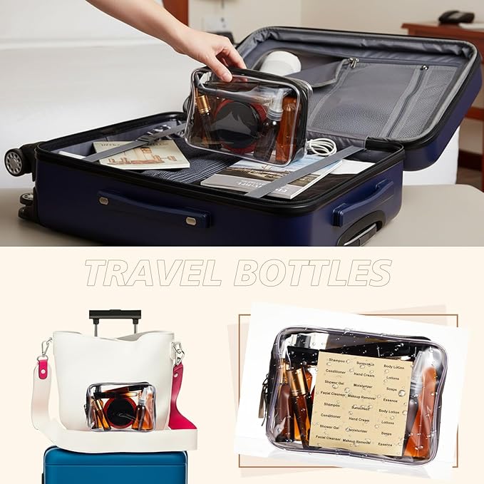 21 Pcs Amber Plastic Travel Toiletry Bottles Set, TSA Approved Travel Containers, Leak Proof Containers with Refillable Squeeze Bottle, Roller Balls, Pump sprayer, Perfume Atomizer, Labels & Funnel