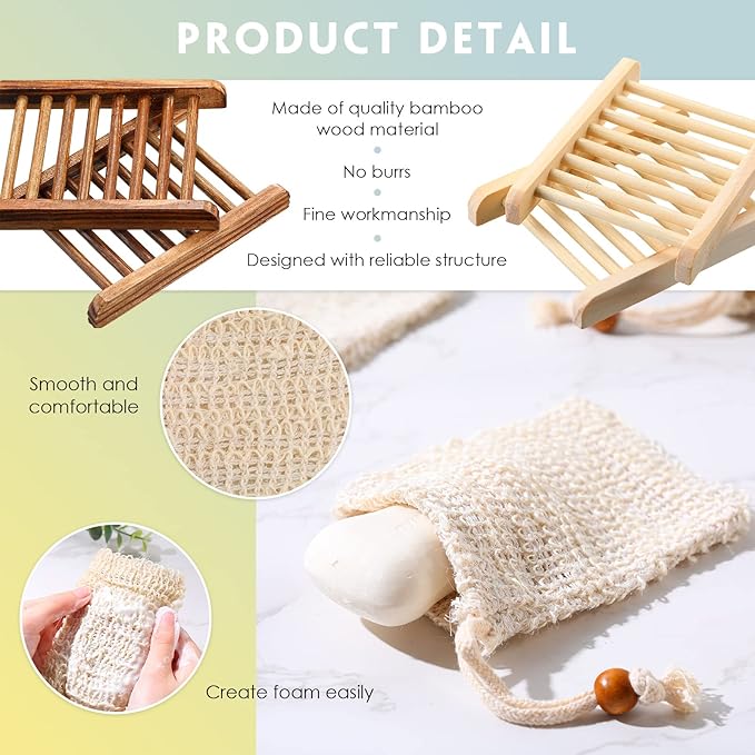 Soap Exfoliating Bag Holder Set Included Bathroom Wooden Soap Dish Pine Wood Soap Holder Tray Natural Bar Soap Pouch Mesh Bath Soap Saver Bag Container (Wood Color, Carbonized Color, 60 Pcs)