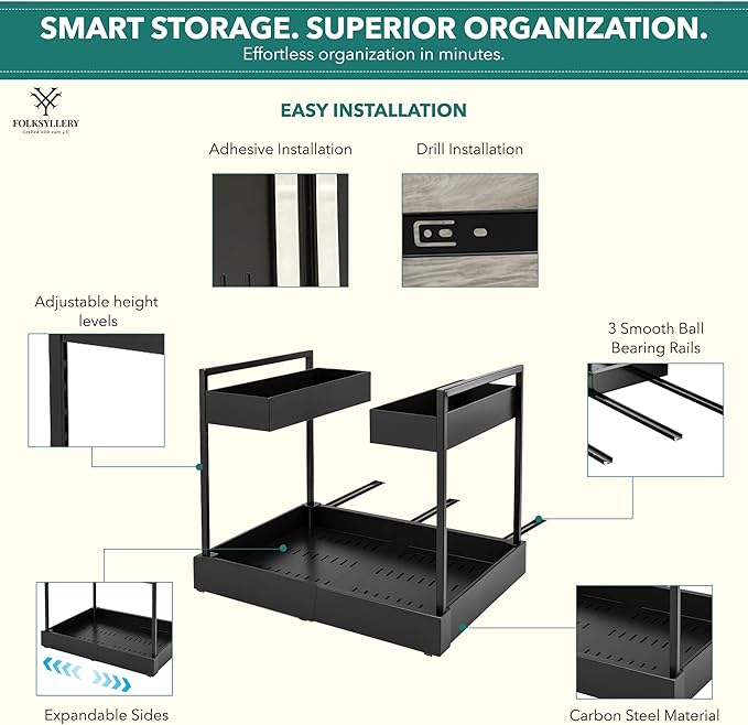 Expandable Under Sink Organizer, 2-Tier Height Adjustable Sliding Rack, Carbon Steel Frame with Ball-Bearing Slides, 12.8”–20.5” Width for Kitchen & Bathroom(Does Not Fit Cabinets with Middle Divider)