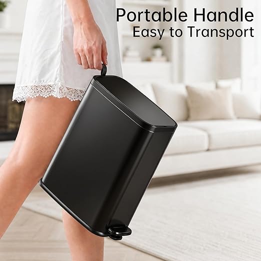 Small Bathroom Trash Can with Lid Soft Close, Step Pedal, 1.6 Gallon Black Stainless Steel Garbage Can with Removable Inner Bucket, Includes 60 Trash Bags for Home Bedroom