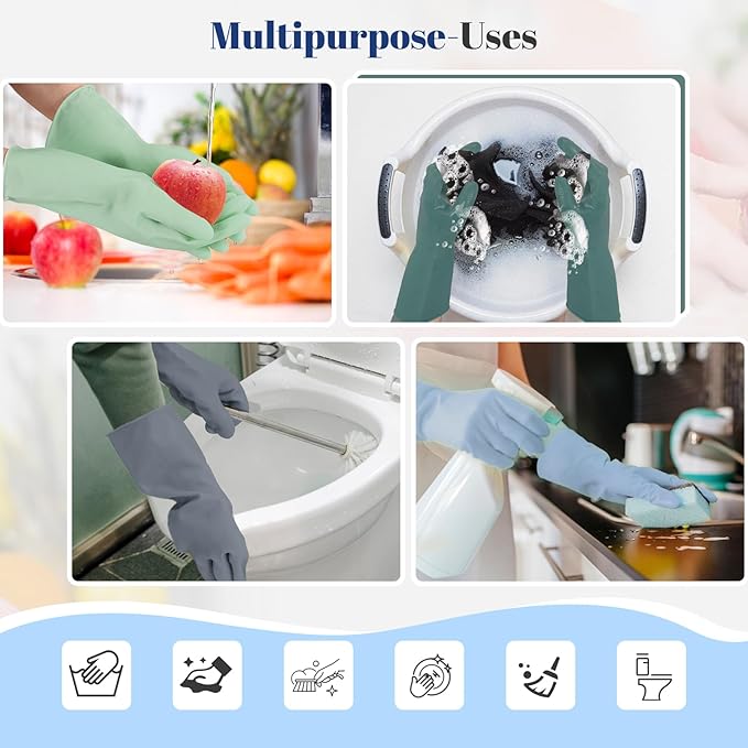 Rubber Kitchen Dishwashing Gloves - 4 Pairs Colorful Reusable Household Cleaning Gloves For Washing Dishes And Cleaning Tasks,Flexible And Durable Waterproof (Medium, Dark Green+Blue+Green+Gray)