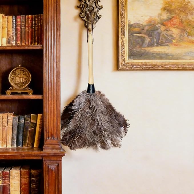 NCEDN Genuine Ostrich Feather Duster 15 inches – Soft Dense Real Feathers, Wooden Handle, Feather Duster for Cleaning Furniture, Blinds & Car Interior