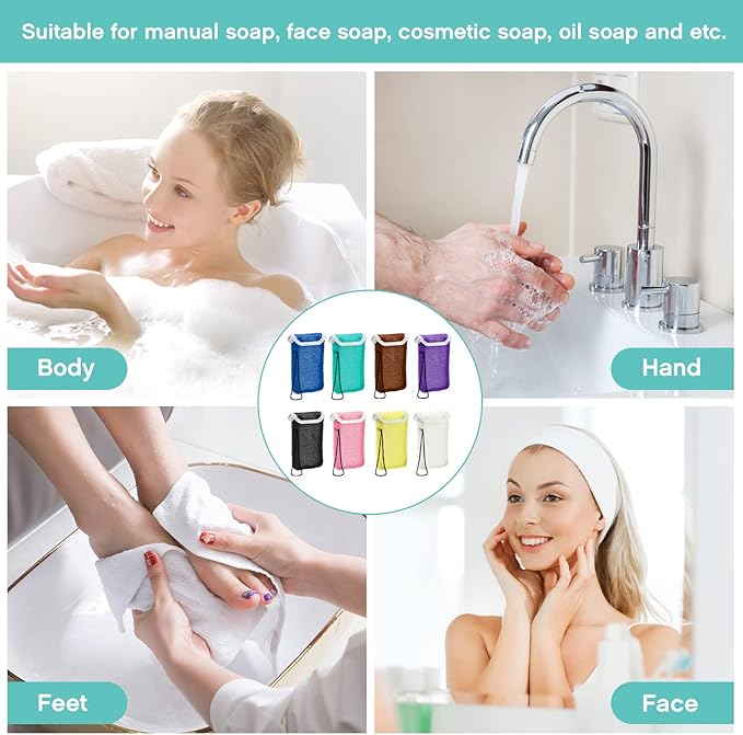 8 Pcs Soap Saver Pouch Body Scrubber Exfoliator and Holder Loofah Savers for Bar Wash Soap Bag with Rope Exfoliating Sponge for Bath Shower Travel Face Hand Women, 8 Colors