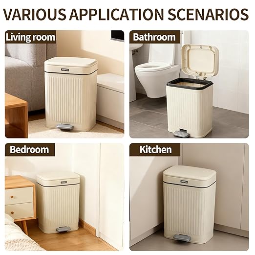 2.1 Gallon Small Trash Can with Lid, 2 Opening Ways (Press Top & Foot Pedal) Soft Close Slim Waste Bin + 75 Trash Bags Included, for Bathroom, Office, Bedroom & Kitchen - Cream