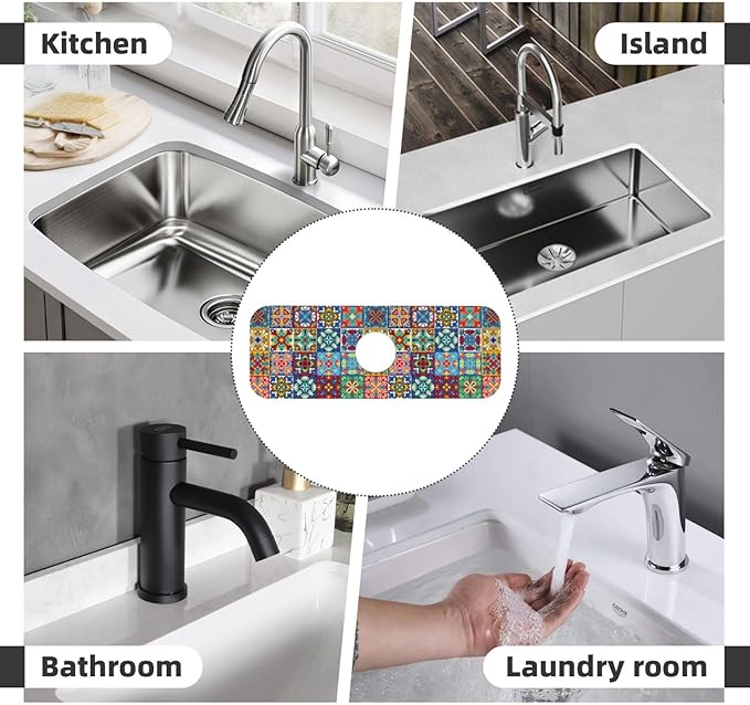 Talavera Mexican Ceramic Tile Floral Kitchen Sink Splash Guard Faucet Mat Super Absorbent Fast Drying Mat Sink Gadgets-Fast Drying Pad Sink Mat For Kitchen Bathroom (15" X 5.5" )