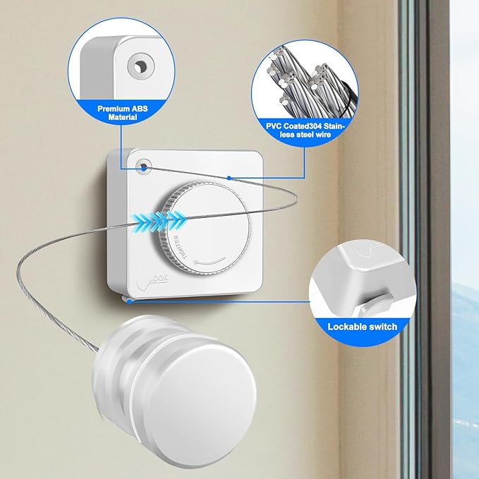 15.7Ft Retractable Clothesline Indoor is Also an Anti-sag Retractable Clothesline Outdoor,Stainless Steel Wire Laundry line Retractable for Drying Clothes ,with 12 Clip (White)