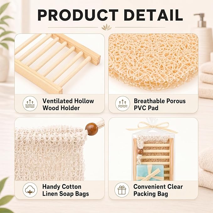 Threehoney 72 Pcs Soap Saver Set Including Wooden Dish Exfoliating Bag Saver Pads Bulk with 100 OPP Transparent Bags 2 Bundles Paper Ropes for Wedding Homemade Gift Mother‘S Day(Wood Color)