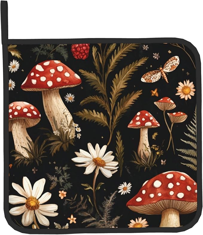 Mushroom Oven Mitt Pot Holder Set Vintage Floral BBQ Cooking Gloves with Loop Baking Grilling Kitchen Gifts for Spring Summer