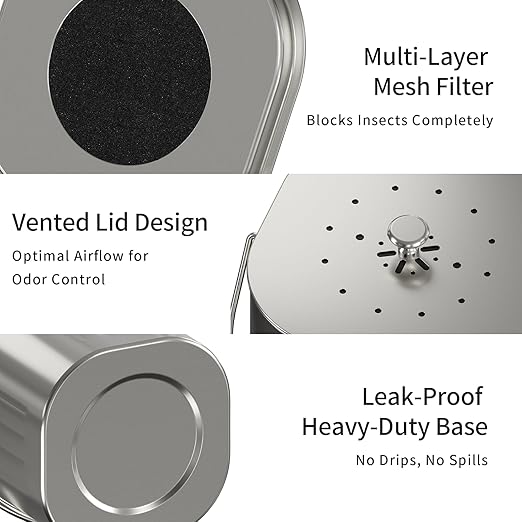MRBIN Stainless Steel Kitchen Compost Bin Countertop Trash Can with Lid and Charcoal Filter, Metal Small Indoor Rubbish Dustbin for Food Waste Recycle