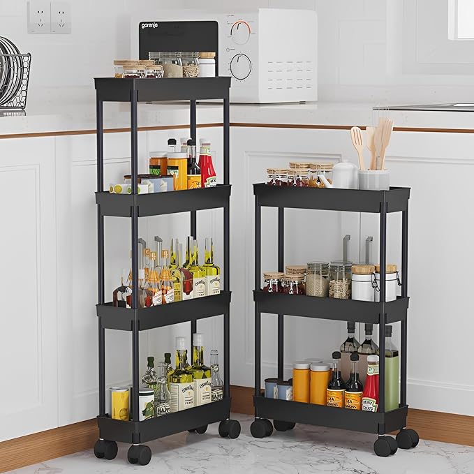 Sooyee 4 Tier Slim Storage Cart,Rolling Storage Cart,Narrow Shelf,Bathroom Rack,Mobile Shelving Unit Organizer for Kitchen, Bathroom, Laundry Room, Black