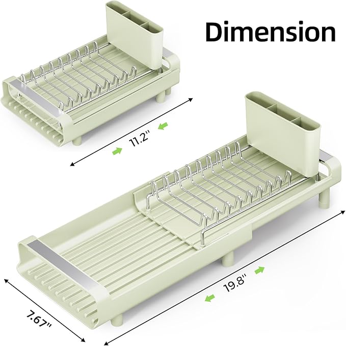TOOLF Small Dish Drying Rack, Mini Expandable Compact Dish Rack, Slim Extendable Stainless Steel Dish Drainer for Kitchen Countertop, Space Saving Dish Strainer, Soft Celery Green