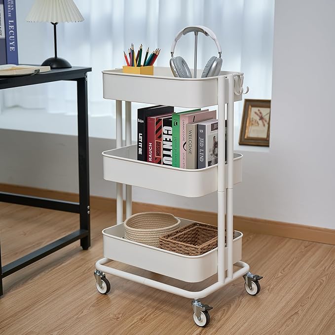 3 Tier Rolling Cart Metal Heavy Duty Utility Cart with Silent Caster Lockable Wheels Multi-Functional Organization Carts Storage Trolley with Mesh Shelves for Office Kitchen Living Room white