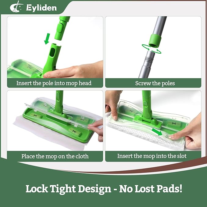 Eyliden Sweeper Mop with 36 Refills - 3 Types of Disposable Dry & Wet Cloths | Lock-Tight Design No Lost Pads, Universal Refills, Multi-Surface Sweeping Starter Kit for Pet Hair, Dust, Floor Cleaning