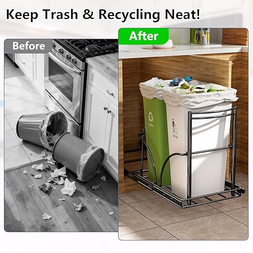 Dual Trash Can Pull Out Under Kitchen Sink Counter, NO CAN, Slider for Double 35Qt Bins(7-9 Gal), Recycling Bin & Garbage Can Pullout Kit, Quiet Close Sturdy Shelf, Requires Cabinet β₯16"W*17"H*23"D