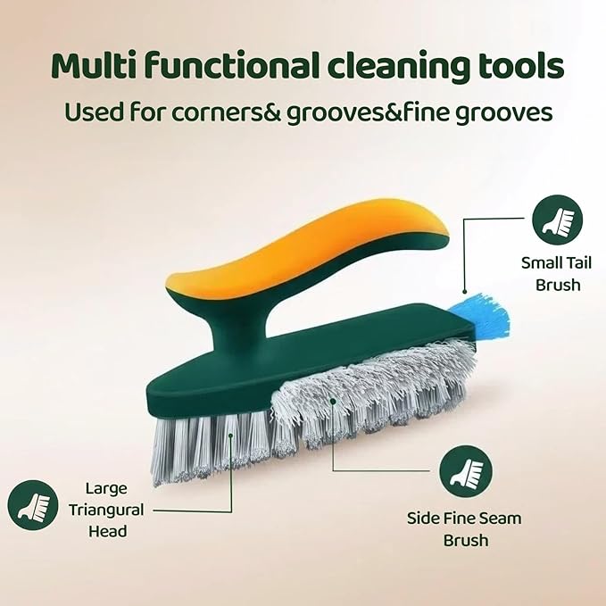 Multifunctional Tile Grout Cleaning Brush with V-Shaped Bristles, 180° Rotating Head, Rubber Wiper Strip, Green and Yellow