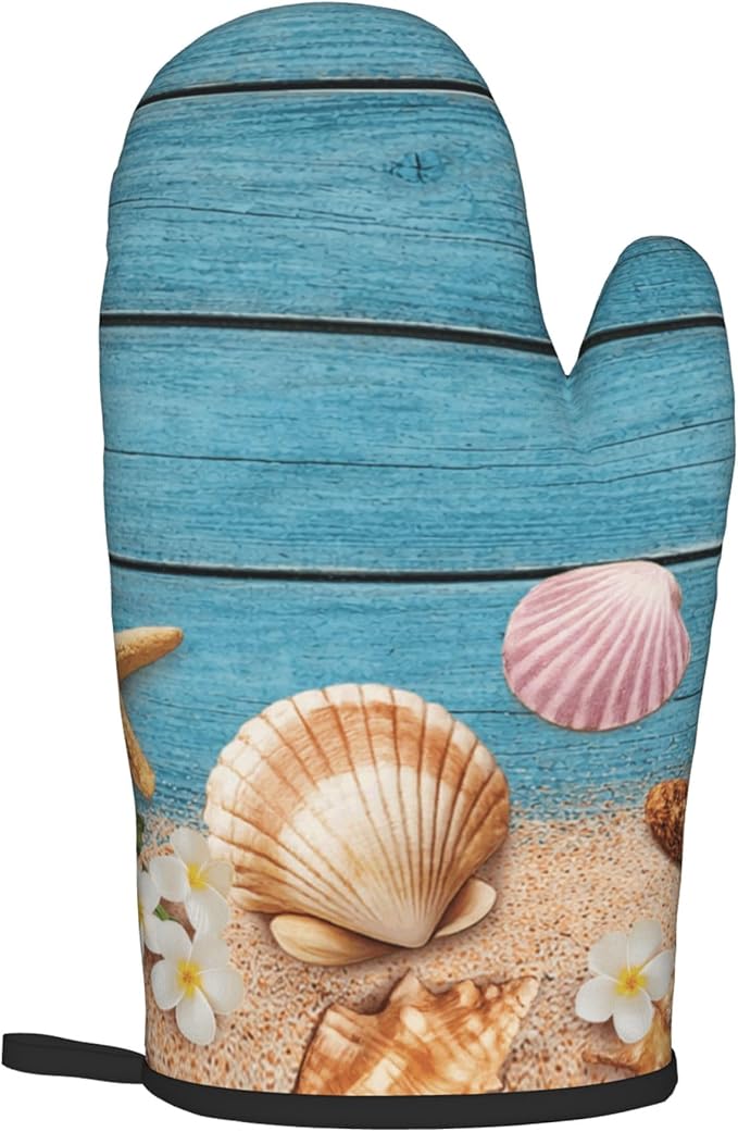Coastal Oven Mitts and Pot Holders Sets Navy Blue Wooden Starfish Seashell Oven Glove Hot Pads for Kitchen Summer Beach Chef Gifts for Cooking Lover Cooks