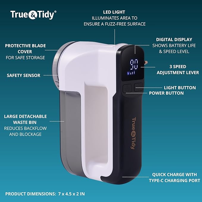 True & Tidy LED Turbo Fabric Shaver | Cordless Lint Remover with Digital Display & 3 Speeds – Perfect for Clothes, Couch & Furniture Defuzzing, White