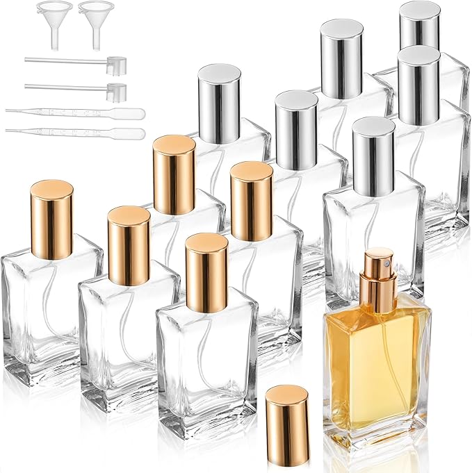 Foraineam 12 Pack 1 oz / 30ml Clear Glass Perfume Bottle, Refillable Empty Fine Mist Atomizer Spray Bottles, Portable Square Perfume Atomizer Bottles for Fragrance, Lotion, Essential Oil