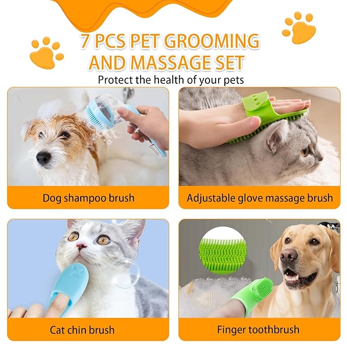 7 PCS Pet Bath Brush Set, Dog Bath Brush with Shampoo Dispenser, Cat Chin Cleaning Brush, Dog Toothbrush, Adjustable Glove Massage Brush, Pet Scrubber for Bathing Long Short Haired Dogs Cats (Yellow)