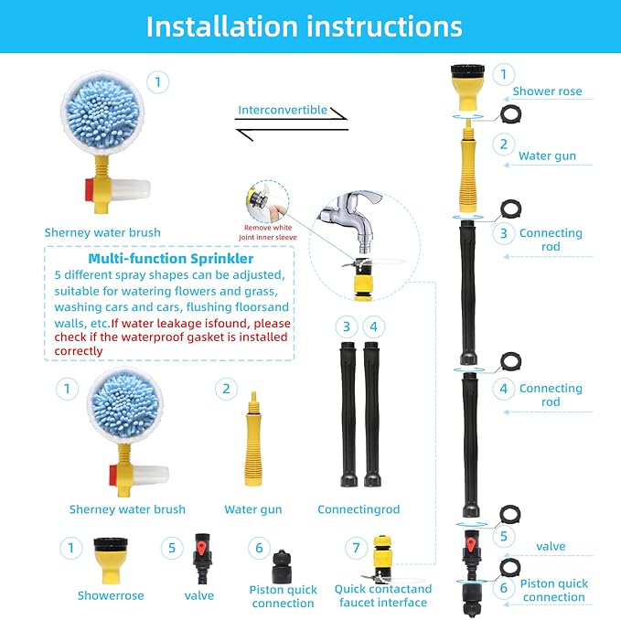 Rotating Car Wash Brush, Car Wash Brush with Long Handle,Automatically Foams Car Wash Kit with Car Cleaning Brush,Pressure Washer Gun and Hose Nozzle for Cars,Yards,Gardens,Pets etc