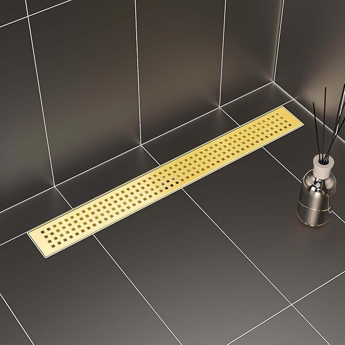 SaniteModar Linear Shower Drain, Gold Shower Drain 24 inch with Removable Grate,Brushed 304 Stainless Steel Linear Drain with Hair Strainer & Leveling Feet