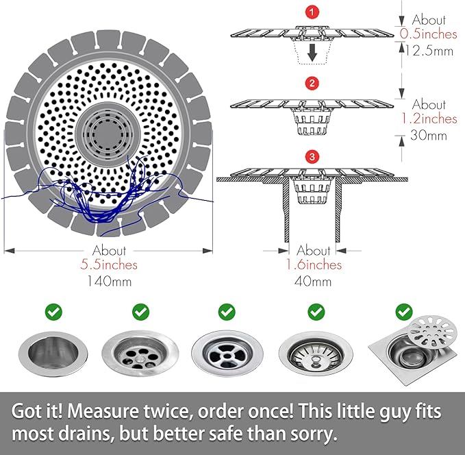 Drain Hair Catcher, Bathtub Shower Drain Hair Trap, Strainer Stainless Steel Drain Protector(2 PCS)