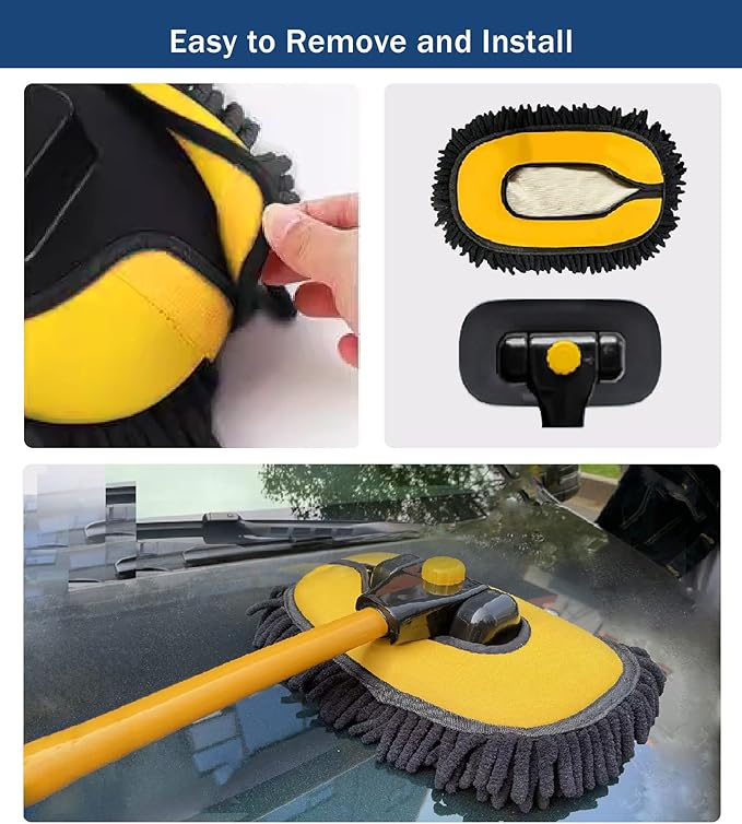 YeewayVeh Car Wash Brush Mop with Long Handle, 15° Curved Extension Pole Car Wash Kit with 3 Chenille Brush Head Covers for RV Truck Camper Cleaning, Yellow
