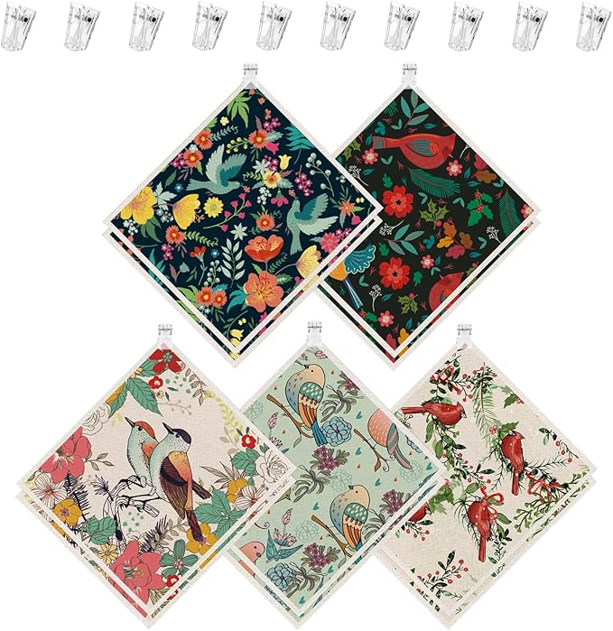 wlich 10PCS Swedish Dishcloths for Kitchen, Reusable Dish Rags for Washing Dishes with Clips, Non-Scratch Kitchen Towels and Dishcloths Sets, Washable Swedish Dish Cloths, No Odor(Birds Flowers)