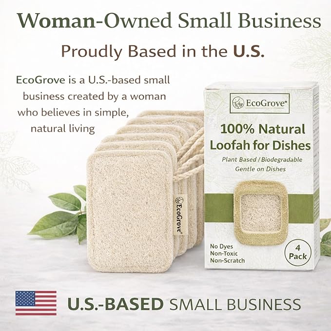 Natural Loofah Dish Sponges 4 Pack – 100% Plant-Based Luffa Scrubber for Dishes, Pots & Nonstick Pans – Compostable, Non-Scratch Kitchen Sponge for Sink, Tile & Everyday Cleaning (Travel)