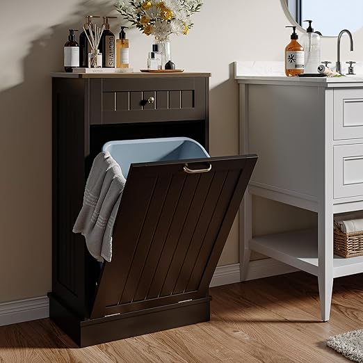 LOUVIXA Tilt Out Trash Can Cabinet, Hidden Trash Cabinet with Drawer, Wooden Dog Proof Trash Can Holder, Tilt Out Laundry Hamper, Garbage Can Holder (Black)
