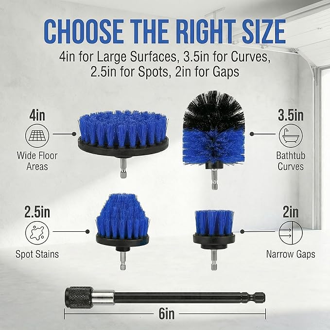 Drill Brush Attachment Set, 5 Pack Power Scrubber Cleaning Brush Kit with Extension Rod for Bathroom, Tub, Tile, Grout, Kitchen, Floor and Wheel Rims (Blue)