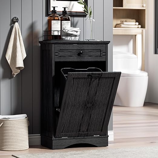 AHB 13 Gallons Tilt Out Trash Cabinet Hidden Trash Can Cabinet Freestanding Garbage Recycling Cabinet with Hideaway Drawer Pet Proof Trash Bin for Kitchen Living Room, Black