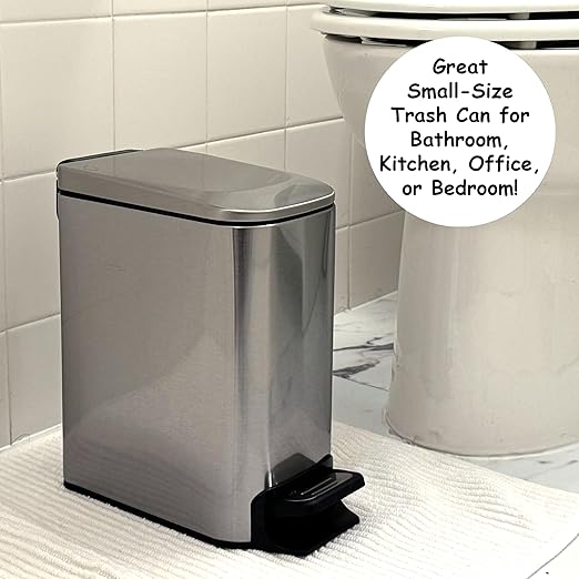 Homie Soft Close, Slim Trash Can 6 Liter / 1.6 Gallon with Anti - Bag Slip Liner and Lid, Use as Mini Garbage Basket, Slim Dust Bin, or Decor in Bathroom, Restroom, Kitchen, or Bedroom