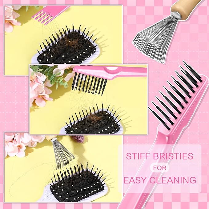 Boao 2 Pieces Hair Brush Cleaning Tool Comb Cleaner Brush Mini Comb Cleaning Hair Remover Tool for Removing Dust Home and Salon Use(Pink, Wood Color,Polished Wooden Handle Rake)