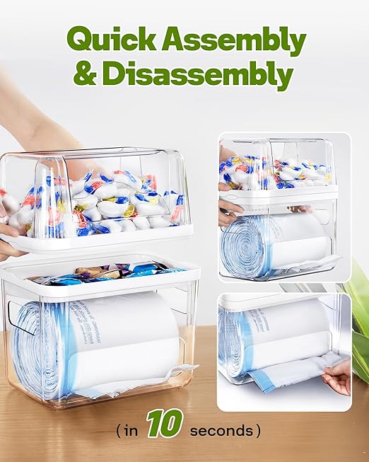 Kaen Trash Bag Dispenser & Dishwasher Pod Organizer, 3 in 1 Large Garbage Bag Dispenser, Trash Bag Holder, Clear Garbage Bags Storage Box, Laundry Room Organizer, Under Sink Organizers