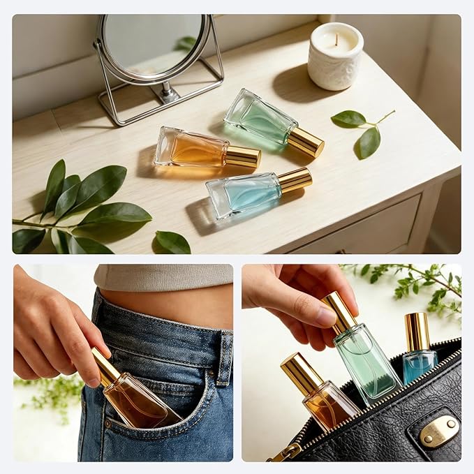 4PCS 10ML Glass Perfume Bottle Set, Tube-Shaped Portable Perfume Bottles Refillable With Dispenser Tools, Empty Atomizer Pocket Spray Bottle for Cologne Dispenser, Travel and Sample Container