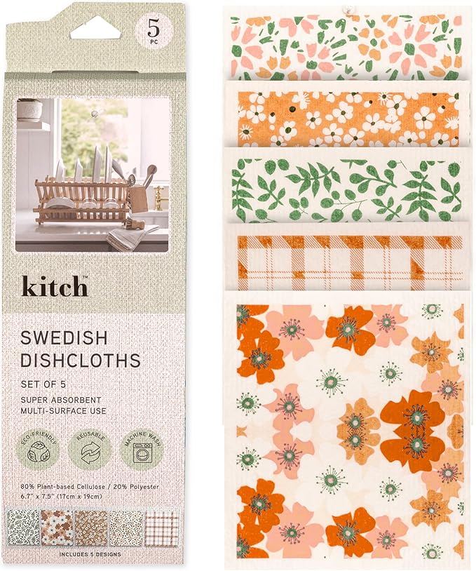 Swedish Dishcloths, Vintage Plant-Based Cellulose, 6.7x7.5 Inch, Super Absorbent, Multi-Surface, Machine Washable, Reusable, 5 Pack (Orange Green)