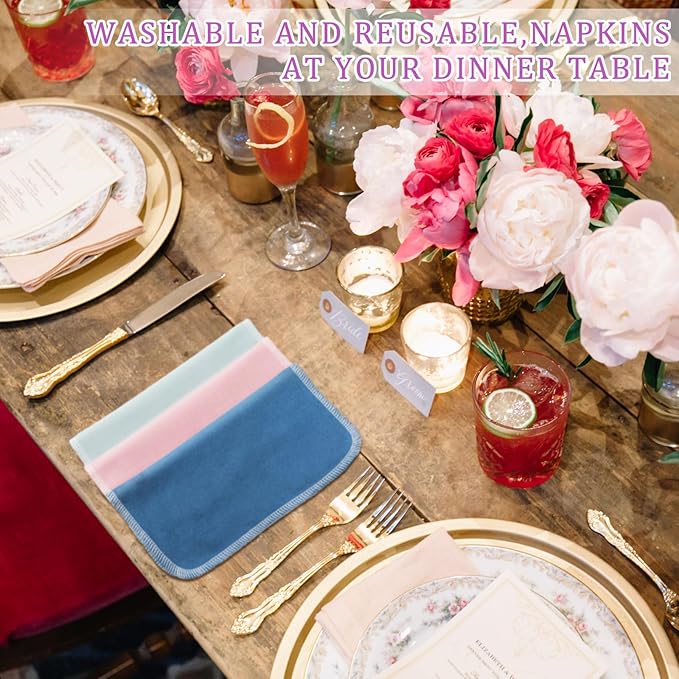 Kinlop 24 Pcs Lunchbox Cloth Napkins Bulk Reusable 2 Ply 8" x 8" Colorful Flannel Wipes Washable Soft Cotton Sturdy Absorbent Cloth Placemats for Spring Summer Dining Home Party Solid Color