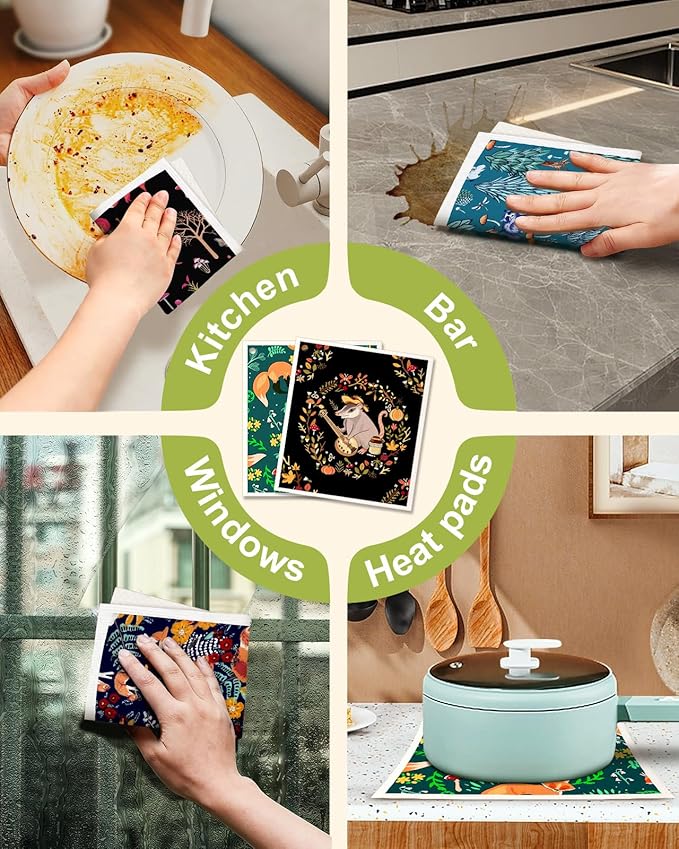 Miss Adola Swedish Dishcloths for Kitchen - 5 Pack Reusable Dish Cloths for Washing Dishes Absorbent Cute Funny Kitchen Towels Cleaning Sponge, Animal Forest