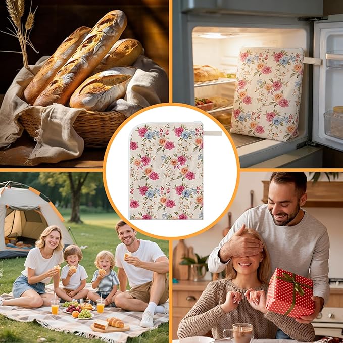 New L-shaped Zipper Beeswax Bread Bags 2 Pack, Floral Bread Bags for Homemade Bread, Natural Beeswax Lining Reusable Bread Bag for Bread Freshness Extends Shelf Life