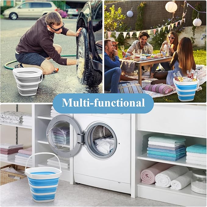 Fasmov 2 Pack Collapsible Plastic Bucket, Portable Cleaning Bucket with Handle, 2.6 Gallon (10L) Foldable Rectangular Tub for Hiking, Backpacking, Camping, Fishing, Car Wash, Gray & Blue
