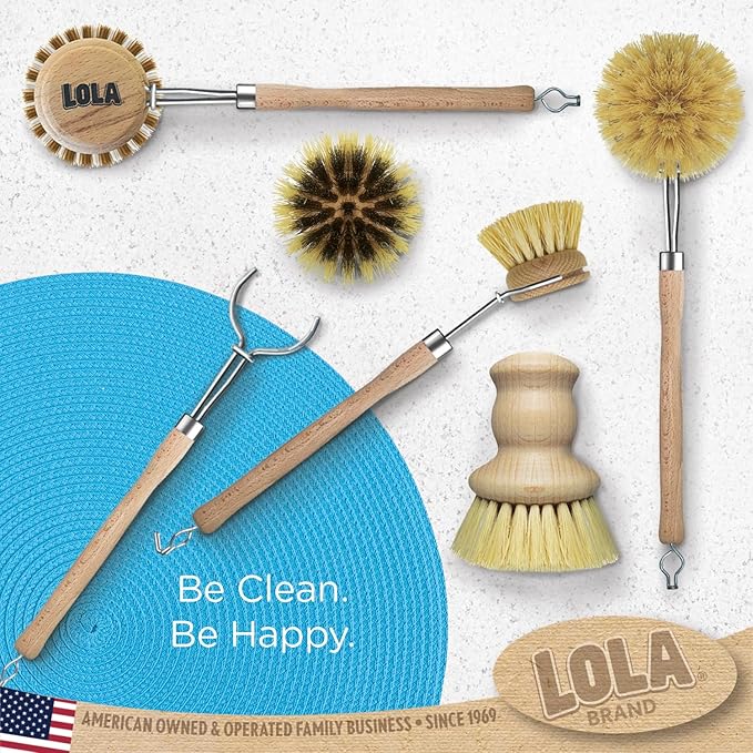 LOLA -The Original - Tampico Vegetable & Dish Brush, Sustainable Wood Ergonomic Handle w/Tampico Fiber Bristles, 1 Count