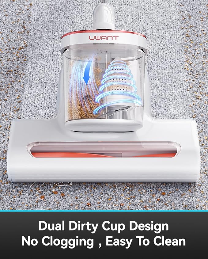 uwant Bed Cleaner with 14Kpa Suction Metal Roller 253.7nm Uv-c Light Mattress Vacuum Cleaner 36000RPM/Min 149℉ Heating HEPA Filter&Ultrasonic Mattress Vacuum for Sofa, Pillow, Bed Throws Set of 1