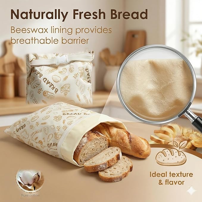 2-Pack JIDSPWLS Reusable Beeswax Bread Bags – Breathable for Homemade & Sourdough Loaves, Extends Freshness, Freezer & Fridge Compatible