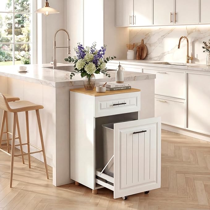 ZIFTY 13 Gallon Pull Out Trash Can Cabinet, Pet Proof Freestanding Kitchen Trash Bin Cabinet with Hideaway Drawer, Wooden Garbage Recycling & Laundry Hamper for Kitchen, Laundry, Living Room, White