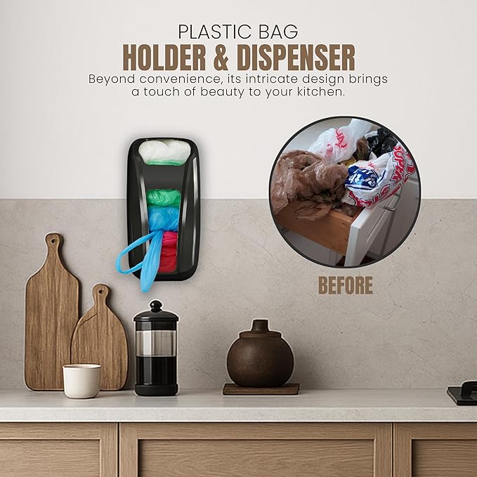 KICHLY Plastic Bags Holder, Durable Grocery Plastics Dispenser, Storage Organizer & Saver for Grocery, Shopping & Trash Bags, Wall Mount, Black